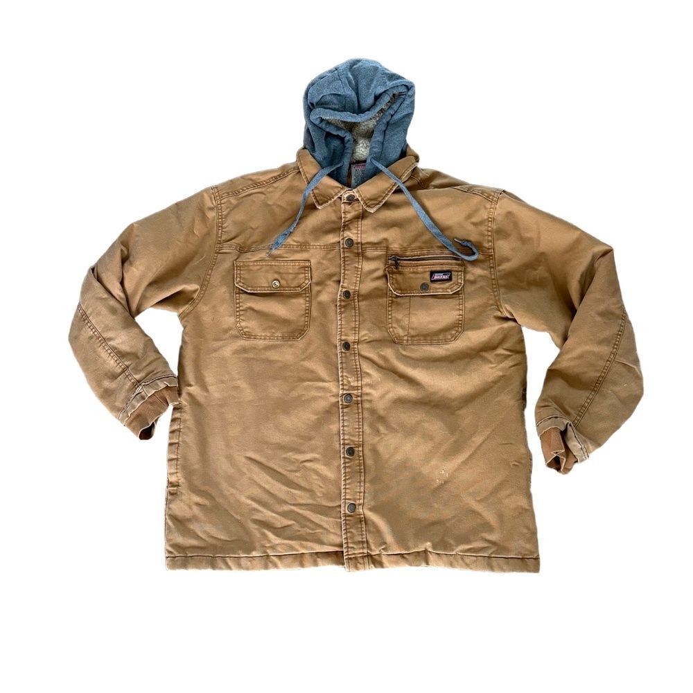 Dickies Jacket Mens Size Extra Large Tan Hooded Snap Button Workwear